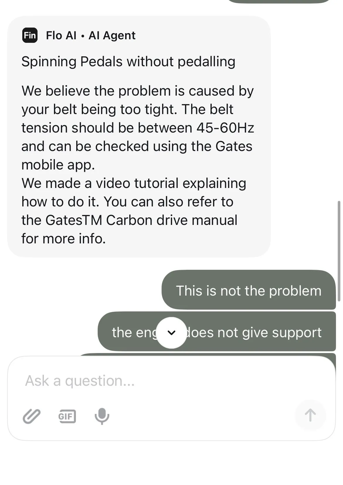 Screenshot of Cowboy's in-app Flo AI support saying the problem is the belt being too tight, with the rider replying that this is not the problem and the engine does not give support.